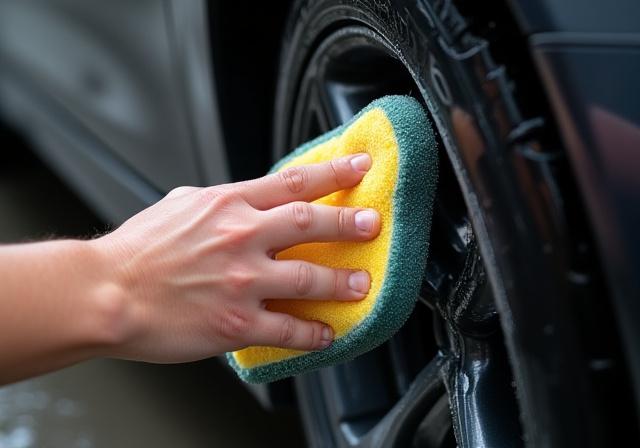 Nettoyage manuel d'une jante de voiture avec une éponge